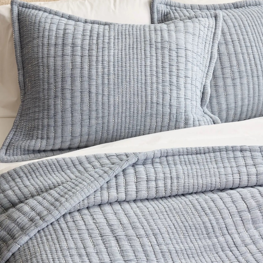 NWOT! Quince Blue Cotton Channel Stitch King Shams-2